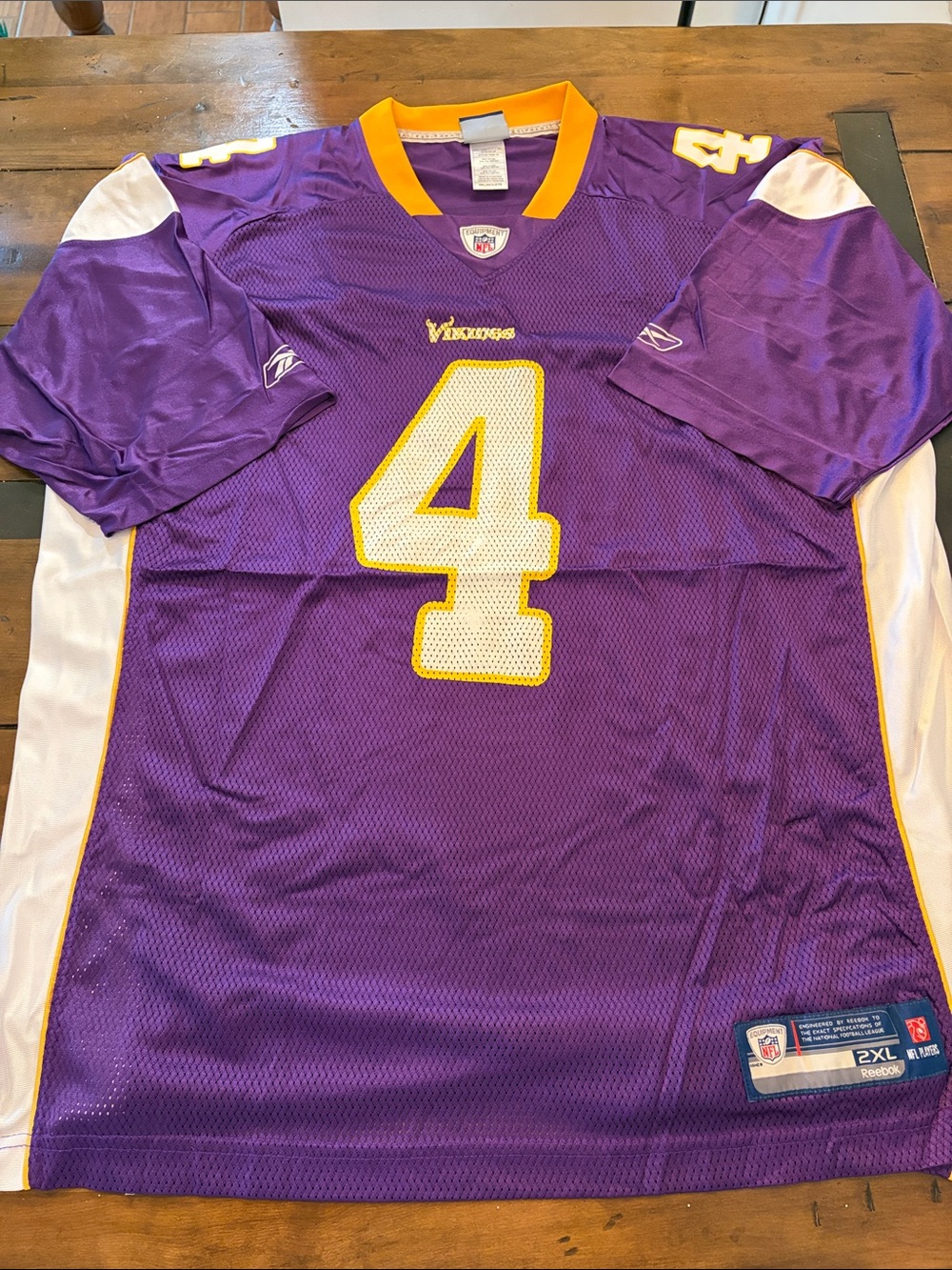 Reebok Purple Vikings #4 Favre Football Jersey with White & Gold Accents